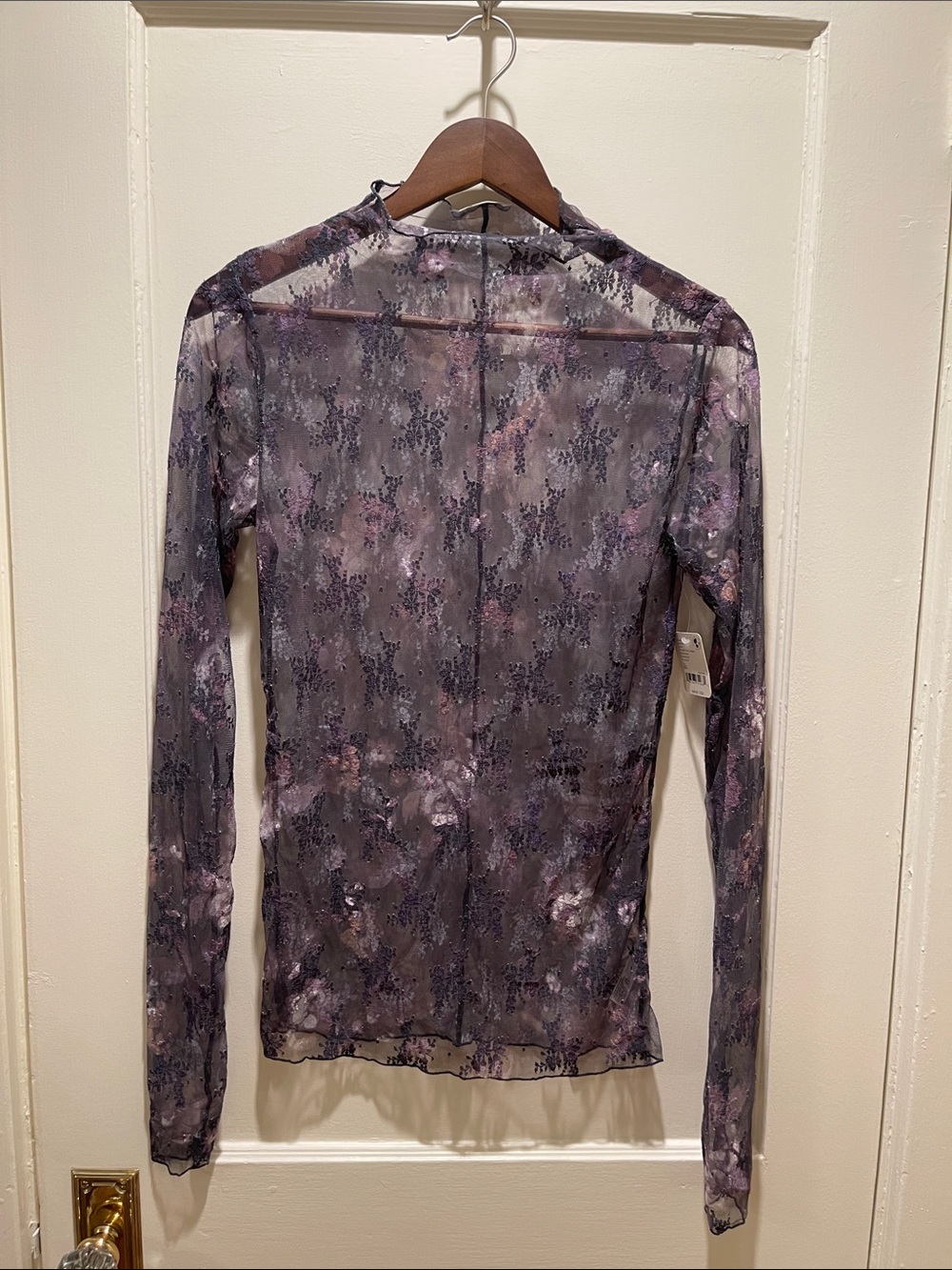 Free People Sheer Long Sleeve Floral Mesh Top in Purple and Black